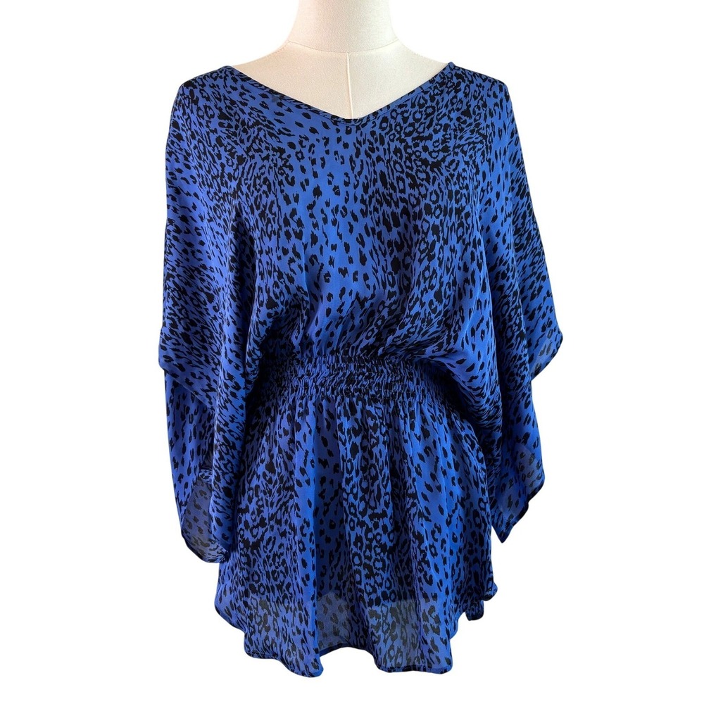 Parker Silk Blue Black Leopard Print Blouson Top Dolman Sleeve Size Small